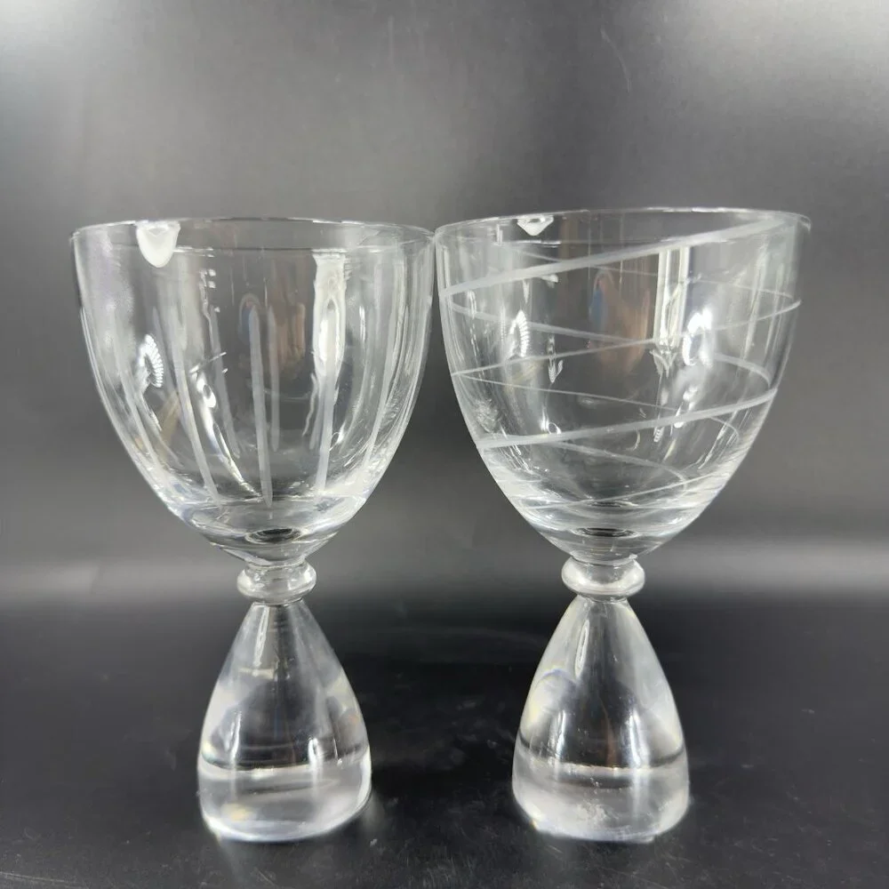 Vintage Clear Etched Glasses Drinking Cups‎ Set 2 Elegant Crystal Glass Barware